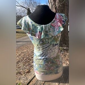 CHAPS DENIM WOMENS M SLEEVELESS RUFFLE HAWAIIAN FLORAL TOP